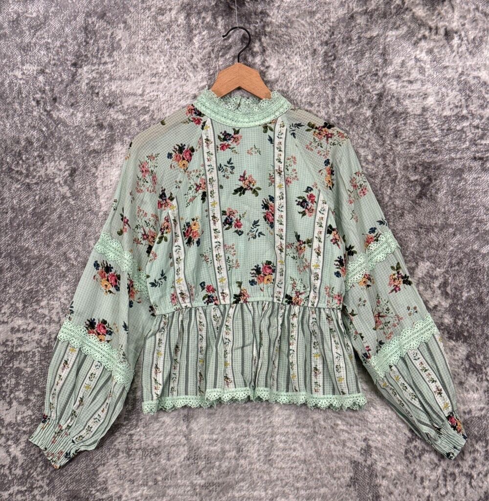 Anthropologie Top Small Womens Hemant & Nandita Green Floral Lace Trim Blouse